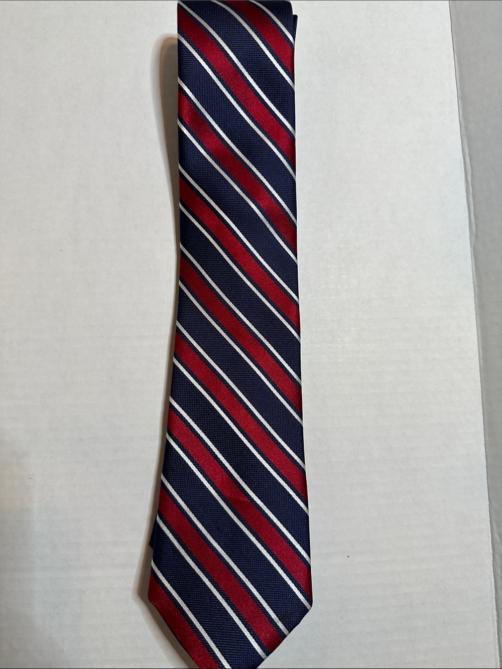 Tommy Hilfiger Navy, Red and White Diagonal Stripe Tie 100% Silk Preppy